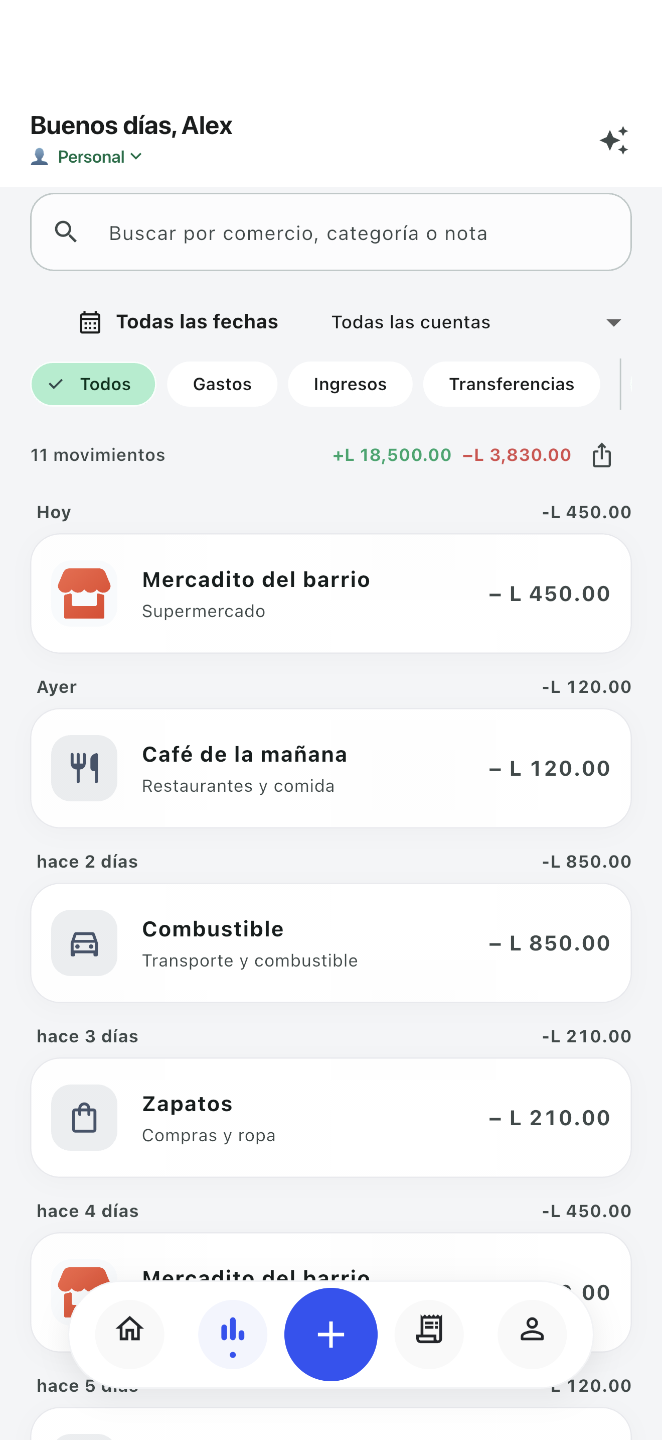 Listado de movimientos con datos ficticios